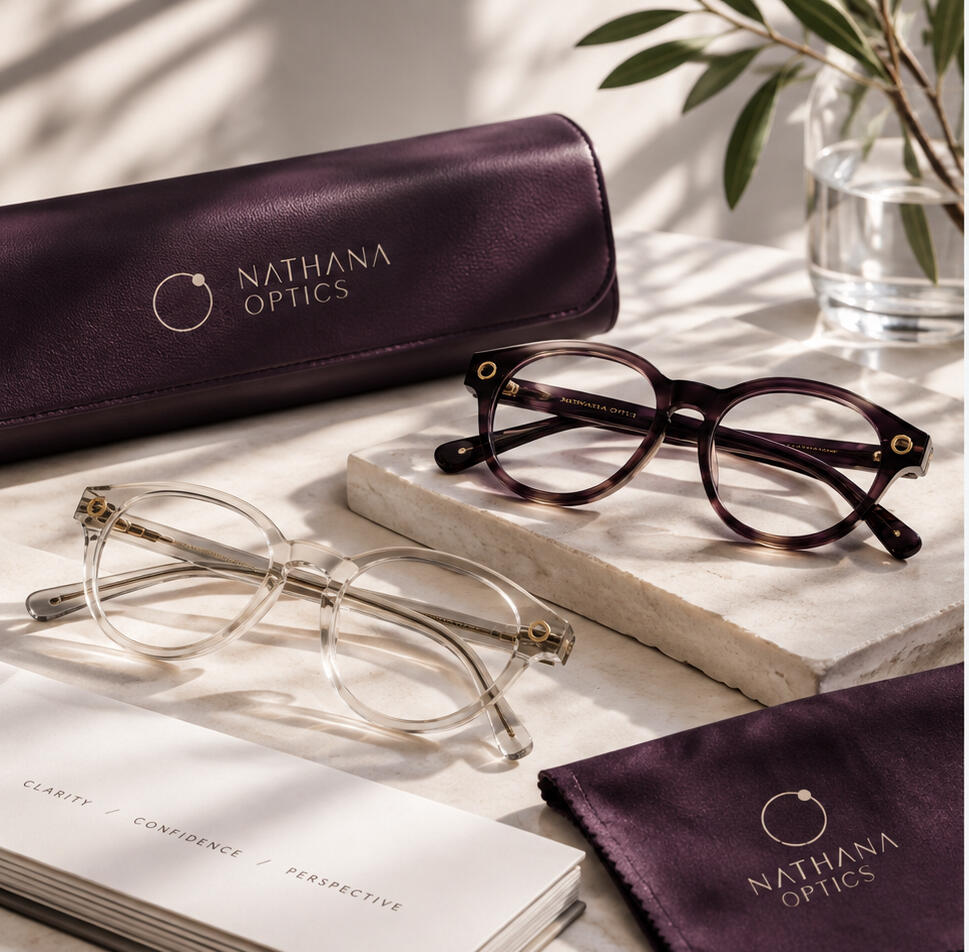 Nathana Optics eyewear displayed with branded optical accessories